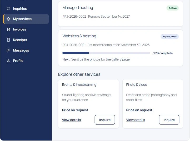 Jotek Client Portal My services screen with sample projects, a progress bar and service suggestions
