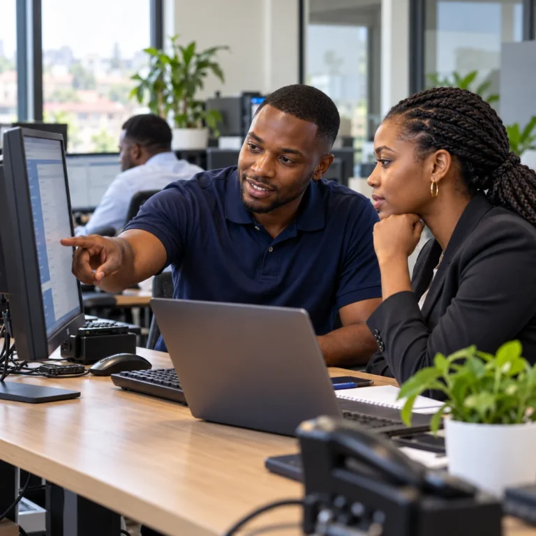 A Jotek IT support specialist helping a colleague at her computer
