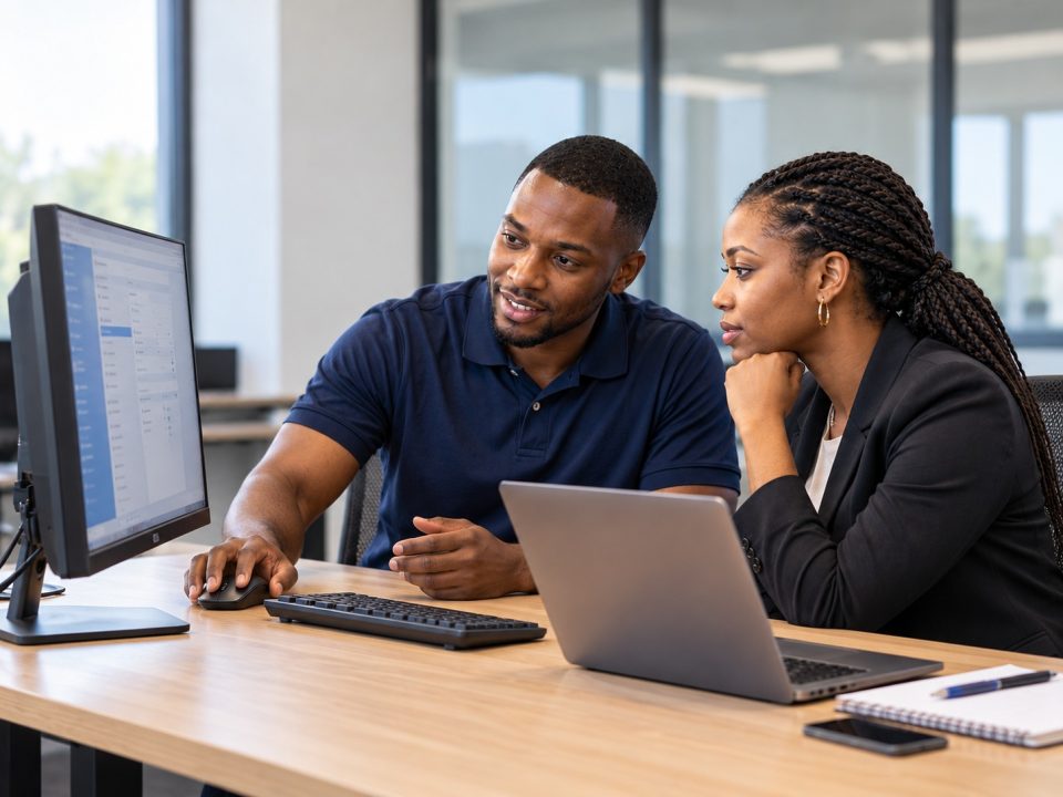 A Jotek IT support specialist helping a colleague at her computer