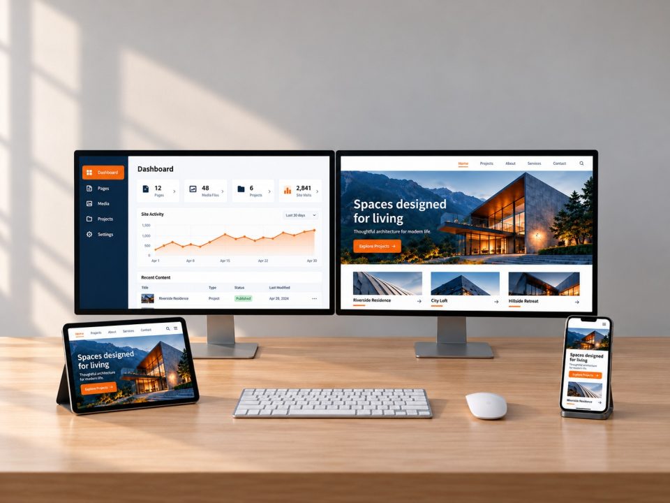A website and dashboard shown on two monitors, a tablet and a phone